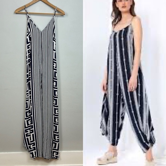 Elsta by CSN Harem Jumpsuit in Stripes and Greek Print Sz S/M - Picture 1 of 8